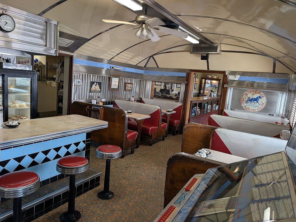 The counter and stools inside the Copper Kettle Diner
