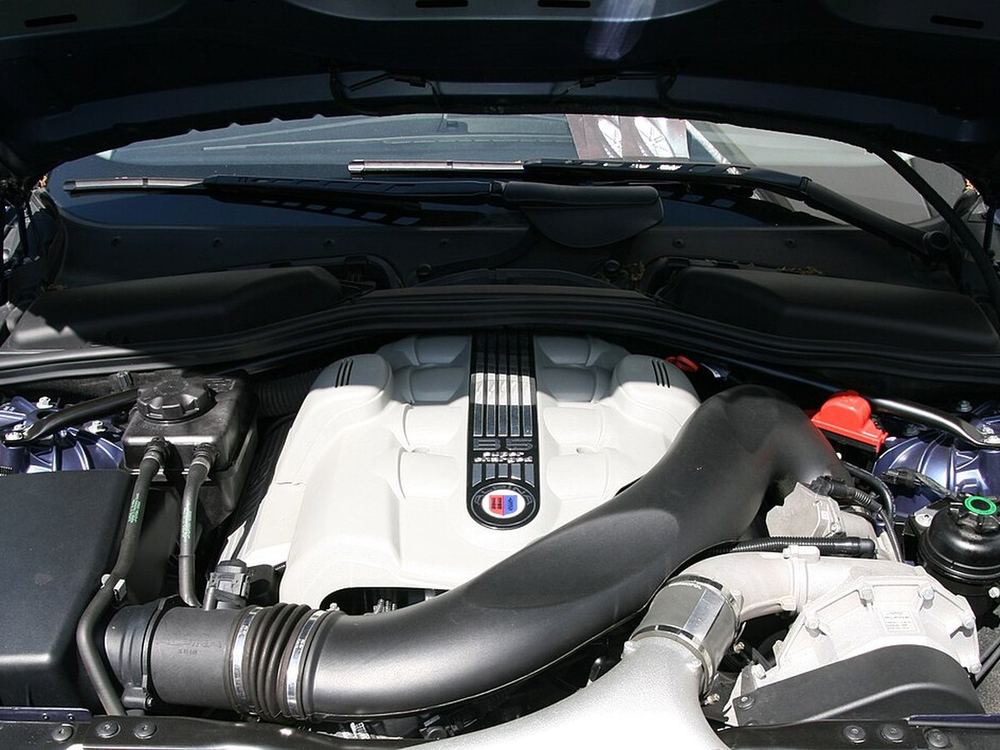 An engine bay opened up for service