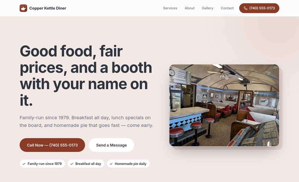 Screenshot of the Copper Kettle Diner example site: a warm copper-themed page with the headline &ldquo;Good food, fair prices, and a booth with your name on it&rdquo;, a call button and a photo of the diner counter.