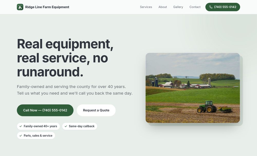 Screenshot of the Ridge Line Farm Equipment example site: a green-themed page with the headline &ldquo;Real equipment, real service, no runaround&rdquo;, a call button and a services section.
