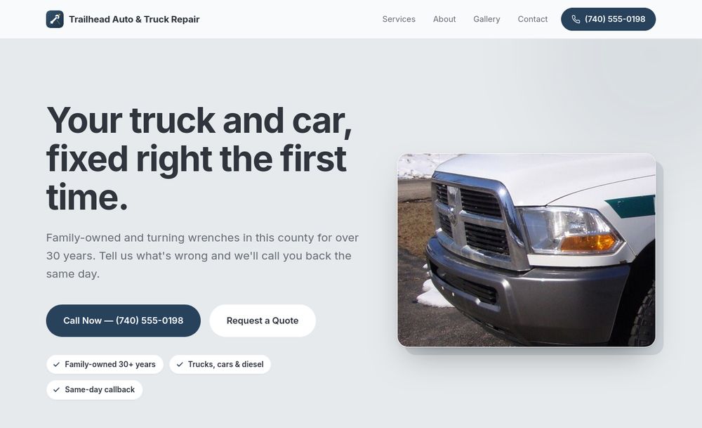 Screenshot of the Trailhead Auto & Truck Repair example site: a blue-themed page with the headline &ldquo;Your truck and car, fixed right the first time&rdquo;, a call button and a services section.